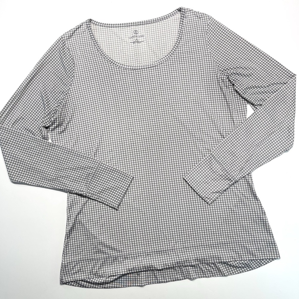 Lands End Women's Long Sleeve Houndstooth White Gray Dry Fit Medium